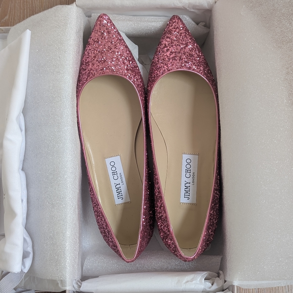 NIB Jimmy Choo Alina Pink Glitter Pointed Toe Flats - Picture 2 of 8